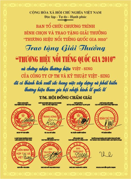 Thương hiệu nổi tiếng quốc gia - Công Ty Cổ Phần Thương Mại Và Kỹ Thuật Việt - Sing